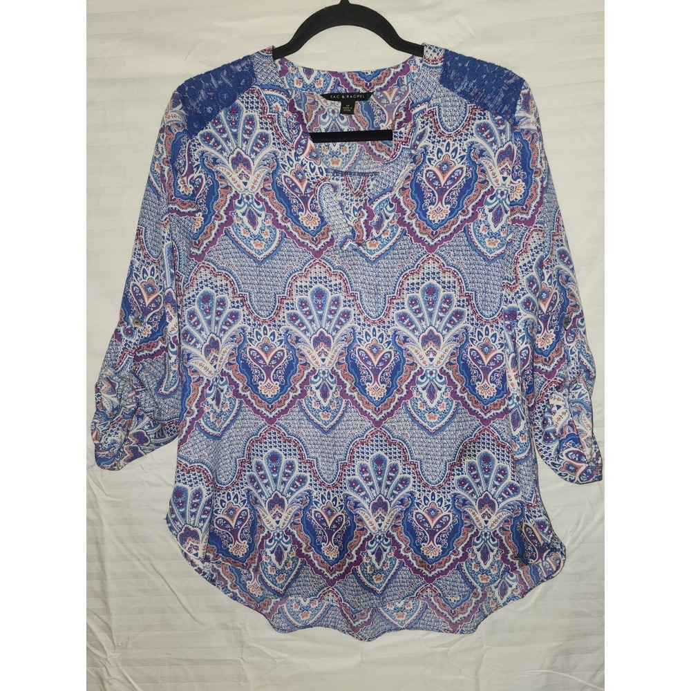 Zac & Rachel Size M Blue Purple Paisley Print Tunic Top Lace Asymmetrical